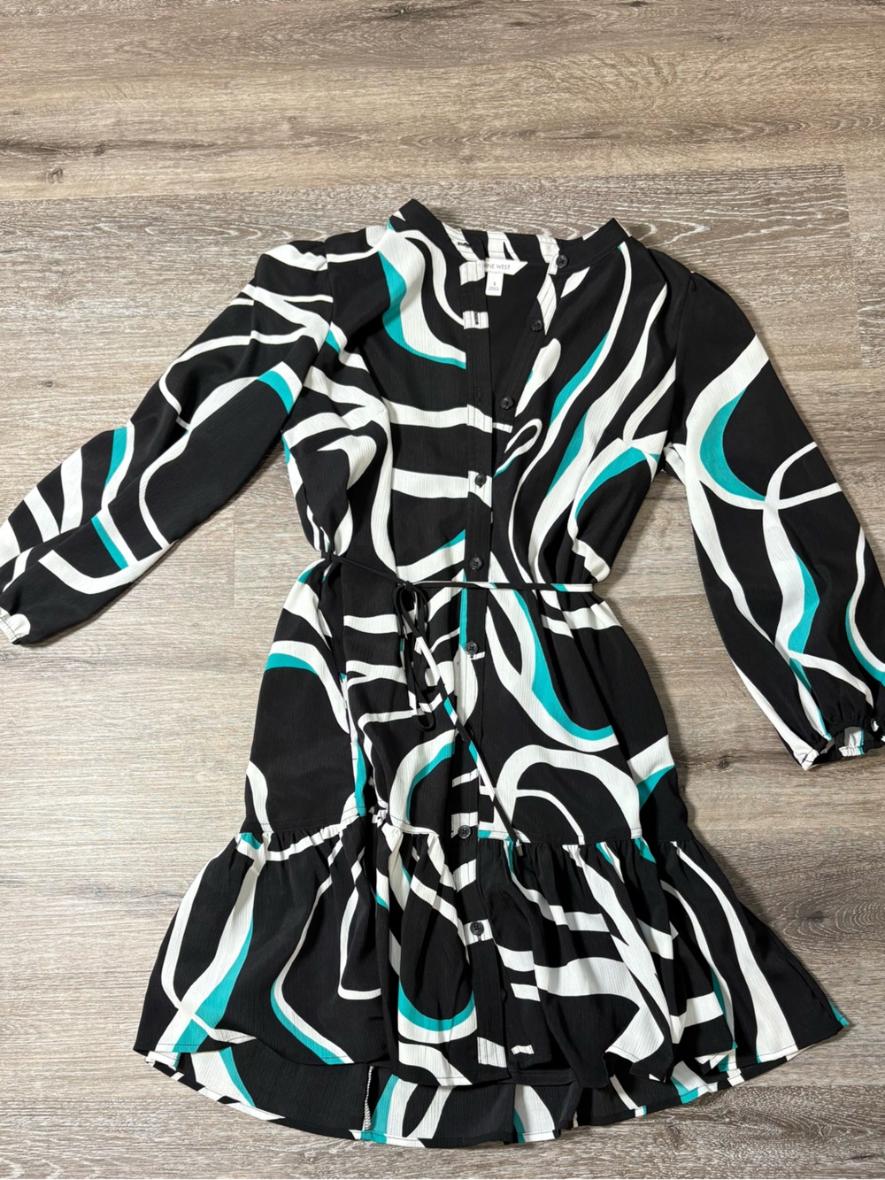 Nine West Black Dress with White and Teal Abstract Swirl